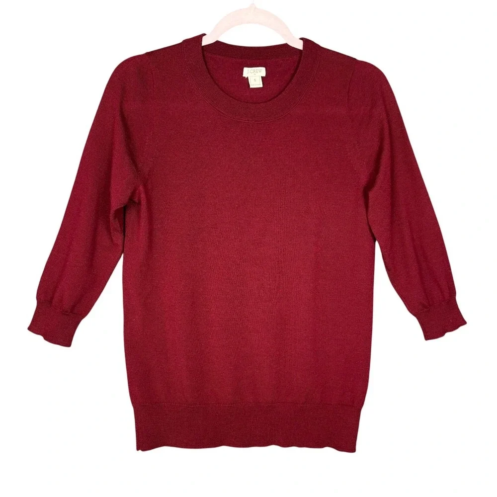 J.Crew Womens Merino Wool Crewneck Sweater S Burgundy Red 3/4 Sleeve Pullover